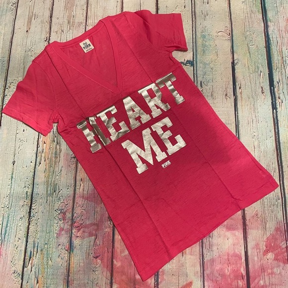 PINK Victoria's Secret Tops - Victoria's Secret PINK Top Womens Medium Pink Silver Heart Me Valentines T-Shirt